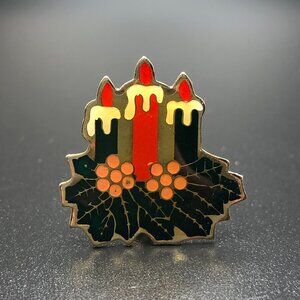 Christmas Candle Pin Vintage Lapel Three Candles Holly Berries Gold Tone